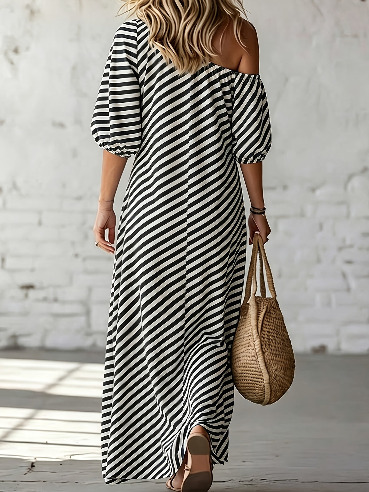 Women'S Elegant Asymmetrical Shoulder Stripe Long Dress, Summer Bohemian Vacation Loose Short Sleeve Maxi Skirt - Mixed colors