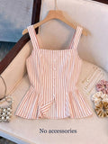 TD0413033 Women's Square Neck Striped Camisole with Waist-Cinching Hem Slit, Ruffle Single-Breasted Design, Suitable for Casual Vacations - Apricot Pink