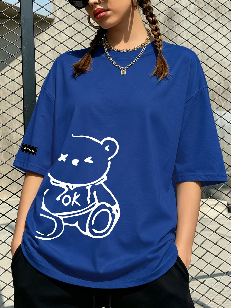 Minimalist Line Bear 'OK' Letter Print T-Shirt, Loose Fit, Casual and Relaxed Vibe, Perfect for Stylish Youthful Daily Street Outfits. - Blue
