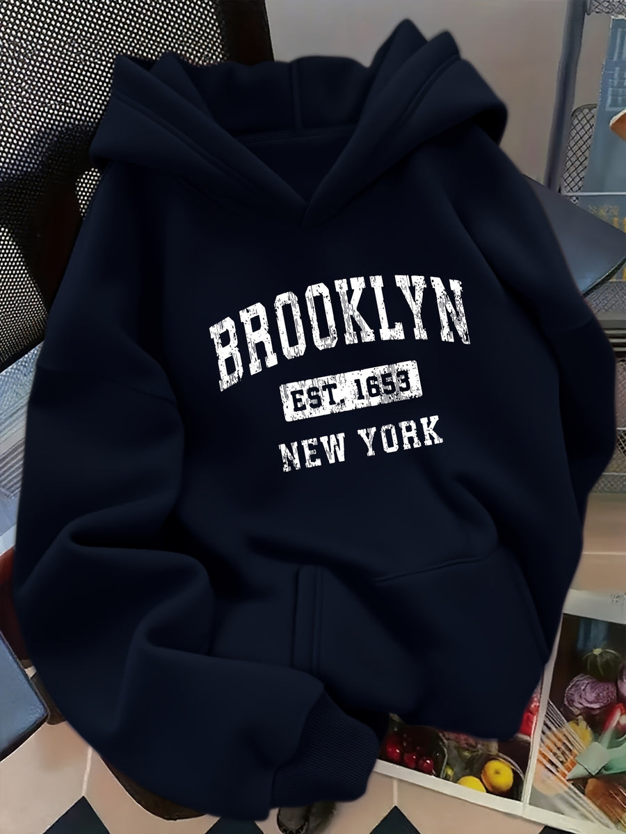 D92 - Autumn/Winter American Vintage Women's Oversized Pullover Hooded Sweatshirt, Trendy Creative Vintage New York Brooklyn Distressed Letter Graphic Print, Black Friday Outfit for Style Enthusiasts, Commuting, Casual, Winter -Lined Warm - Navy Color