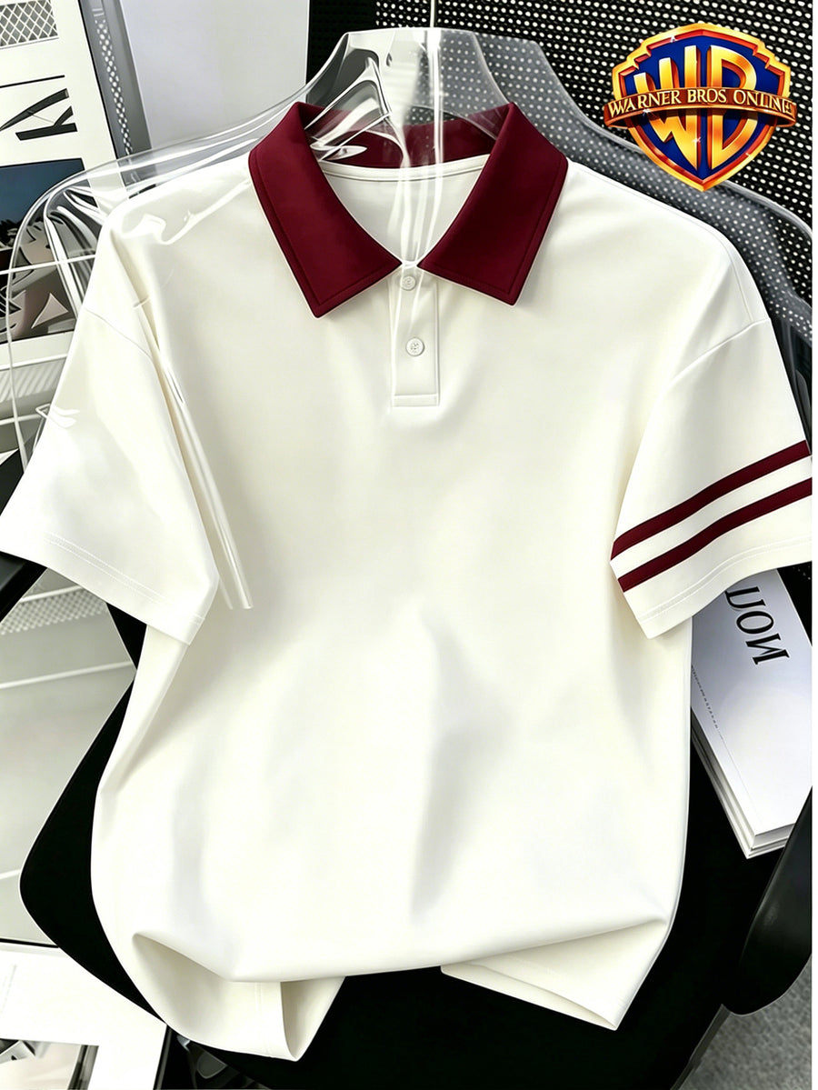 1pc, American Retro Easy Style Versatile Polo Shirt, Preppy Casual Couple Short Sleeve Top, Summer Daily Outing, Campus Wear, Student Couple Choice - Unisex - Burgundy