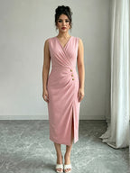 Solid Color Sleeveless Wrap V-Neck Midi Dress, Women'S Ruched Golden Button High Slit Bodycon Dress, Elegant Sheath Dress for Business Office, Party And Daily Formal Occasions - Pink