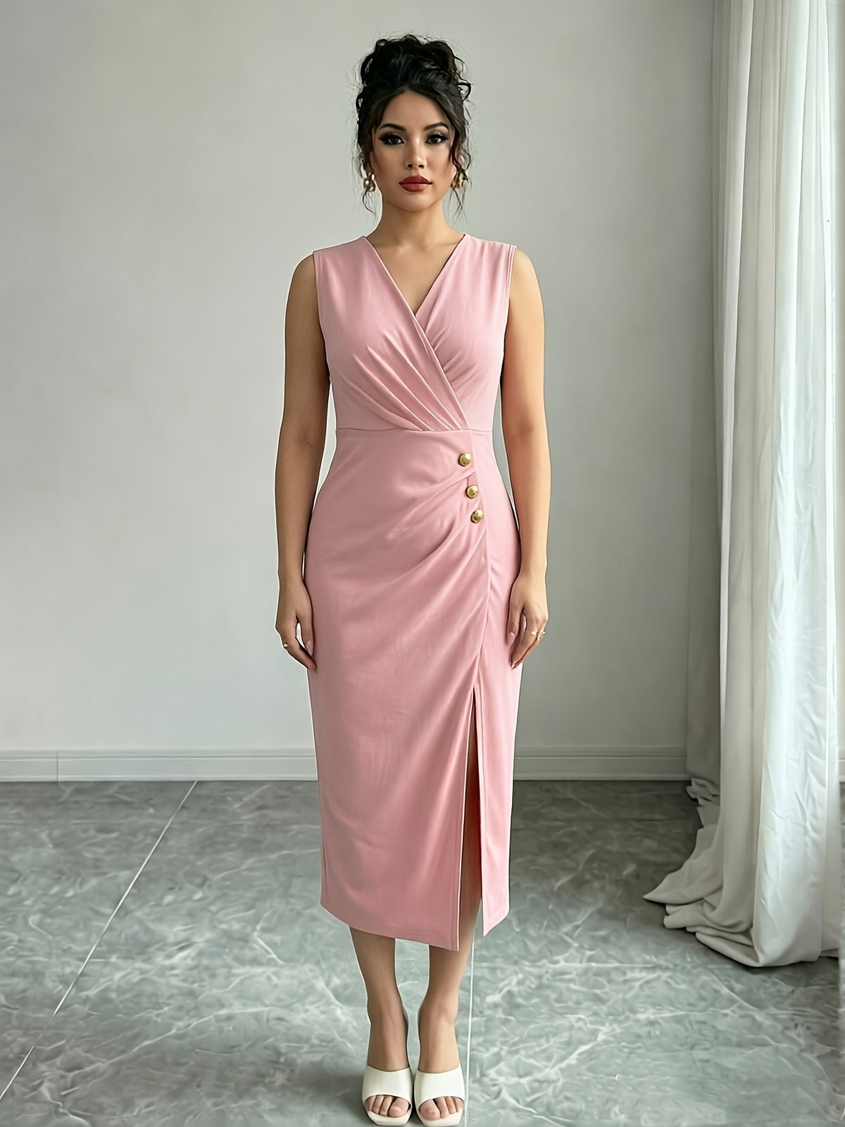 Solid Color Sleeveless Wrap V-Neck Midi Dress, Women'S Ruched Golden Button High Slit Bodycon Dress, Elegant Sheath Dress for Business Office, Party And Daily Formal Occasions - Pink