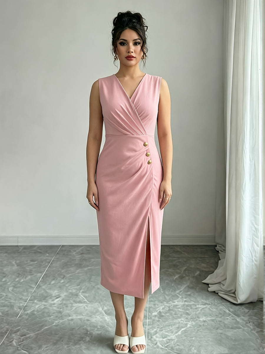 Solid Color Sleeveless Wrap V-Neck Midi Dress, Women'S Ruched Golden Button High Slit Bodycon Dress, Elegant Sheath Dress for Business Office, Party And Daily Formal Occasions - Pink