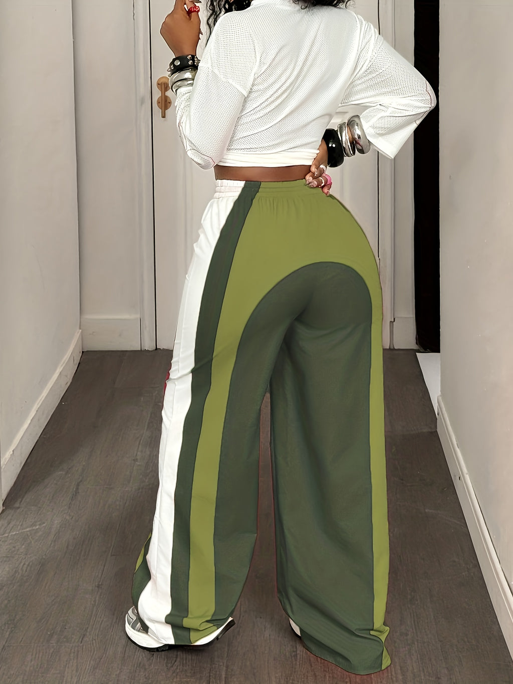 Wide- Loose-Fit Pants with Elastic Drawstring Waist & Full-Length - Wide- Trousers Suitable for Outdoor, Casual Wear - - Color Trousers (No Stretch Fabric) - Olive