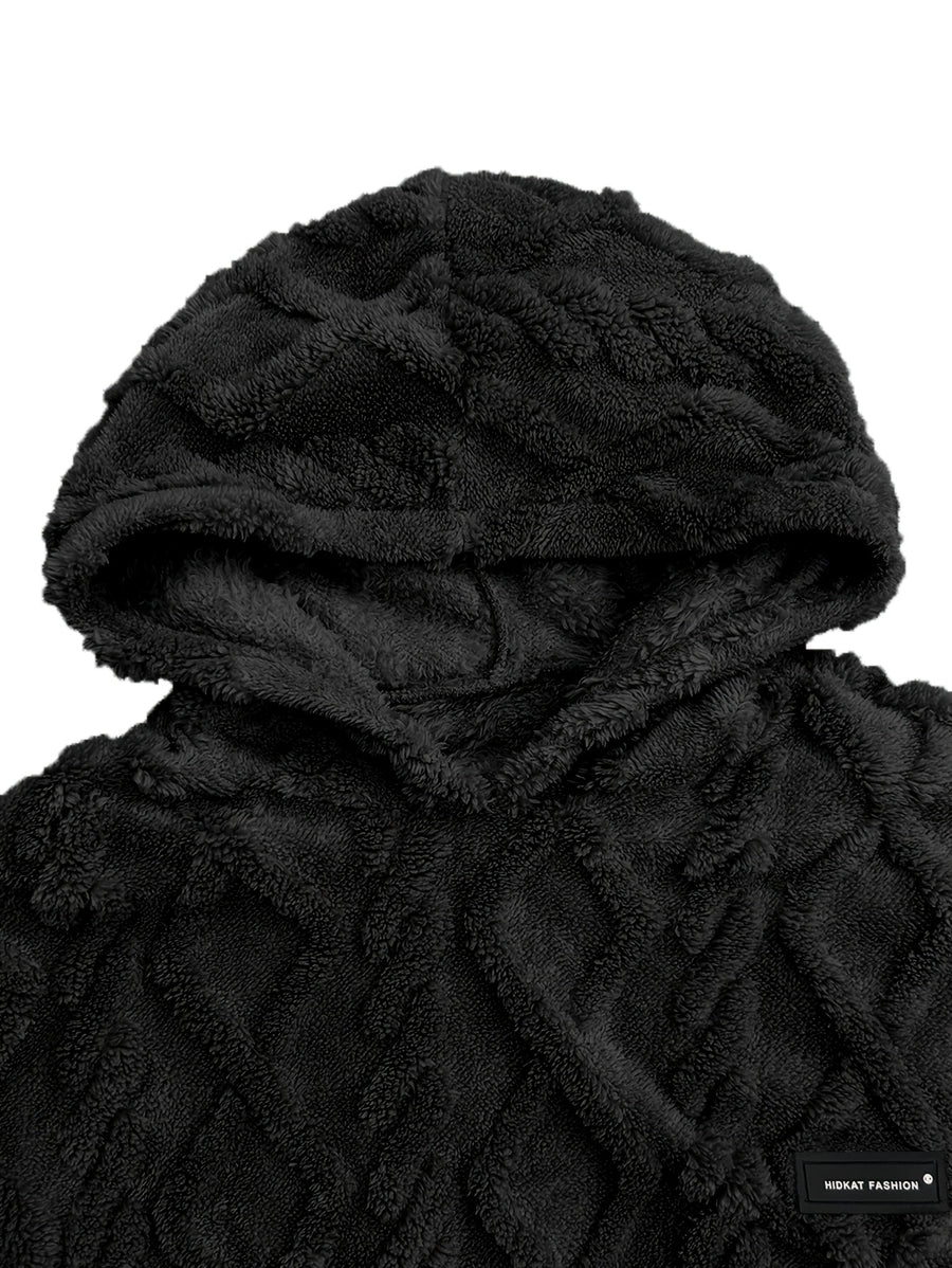 Men's Winter Casual -Lined Warm Hooded Sweatshirt, Soft Pullover with Large Pocket, Cable Knit Texture, Loose Fit, Suitable for Travel, Vacation, Outdoor, Streetwear, Daily Commuting, and as a Gift Option - Black