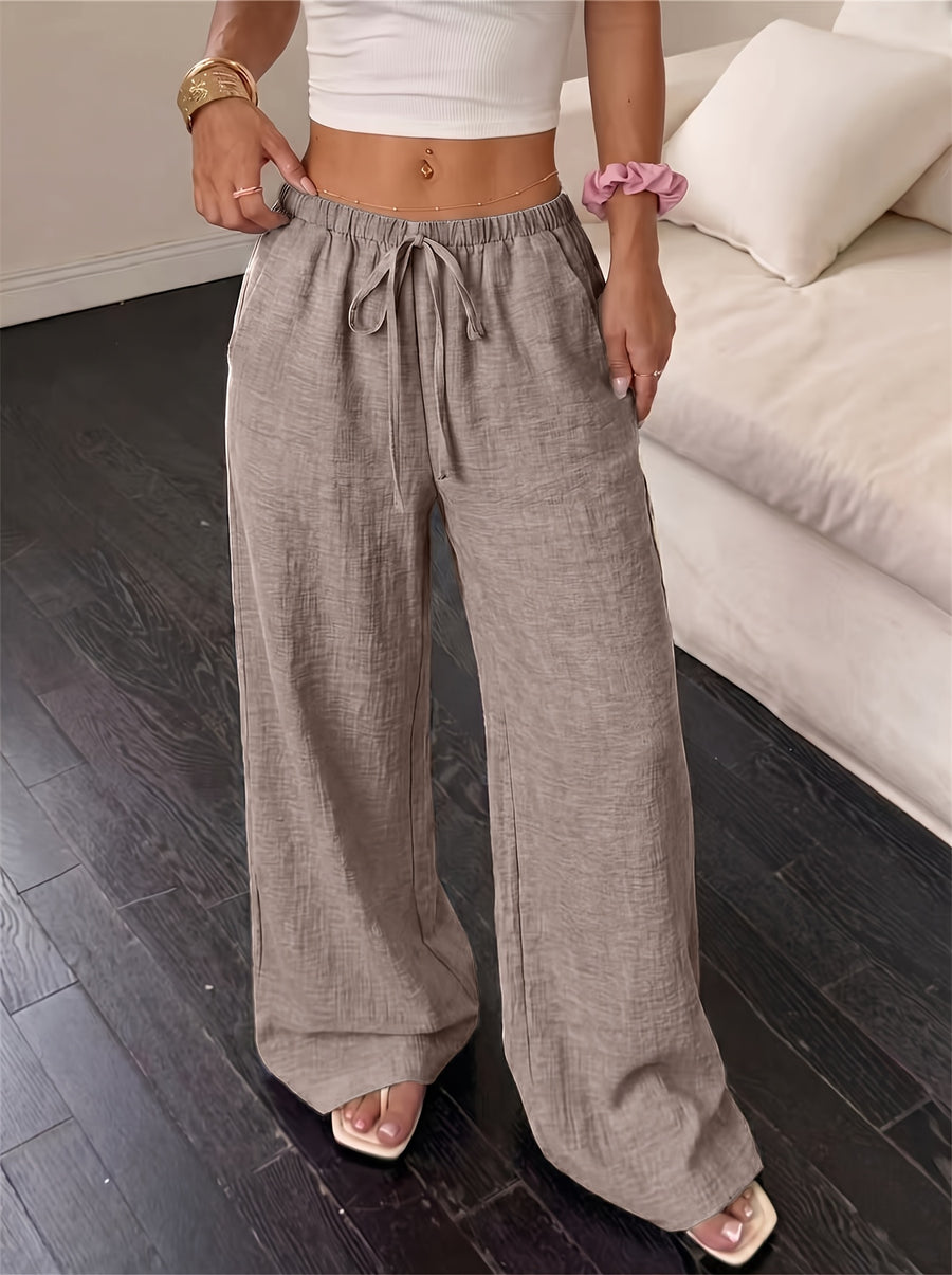 YY0514366 Women's Casual Versatile Solid Color Lace-Up Straight-Leg Pocket Wide-Leg Pants - Khaki color