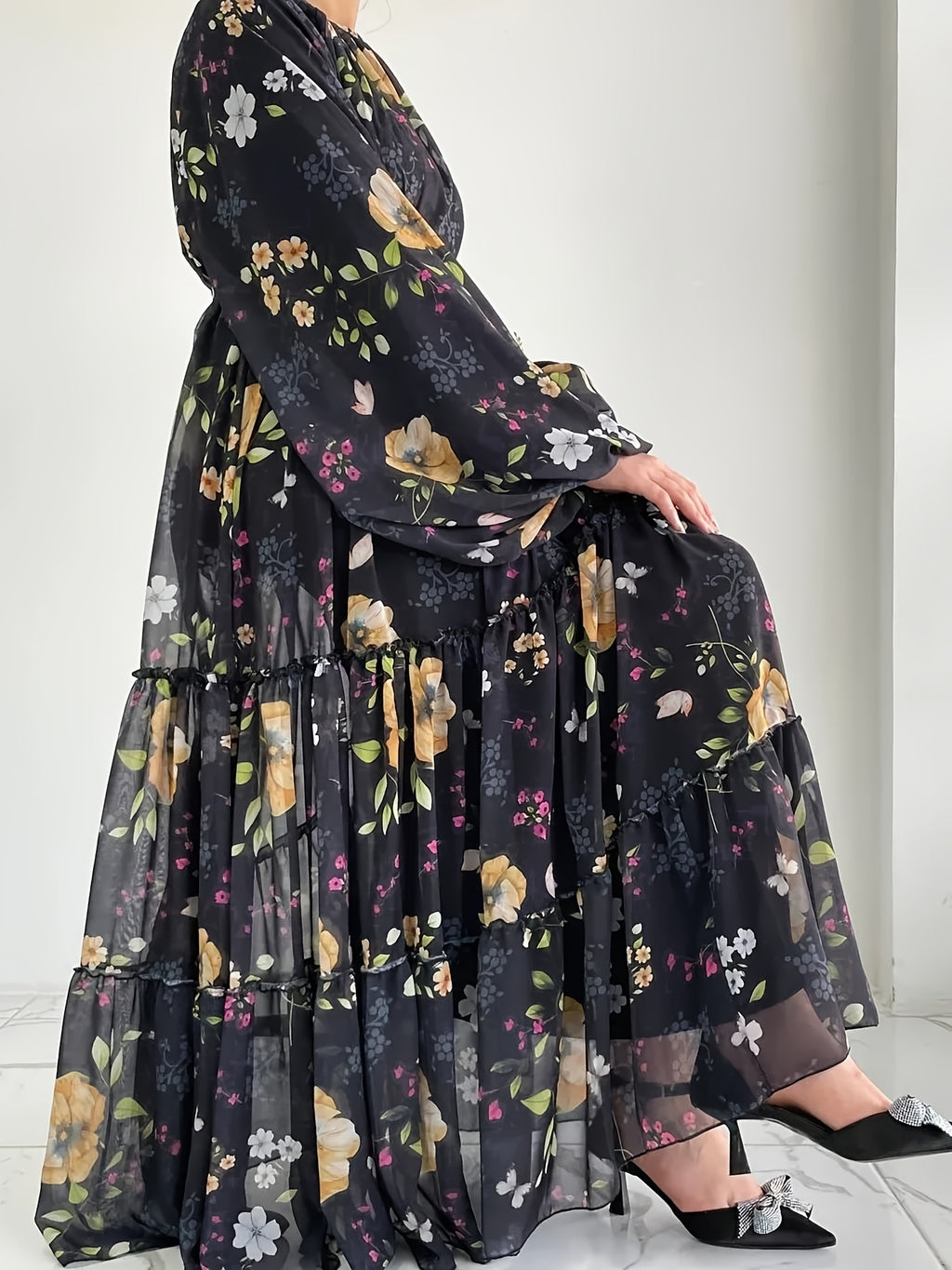 Women'S Middle Eastern Muslim Chiffon Printed Long Dress - Black