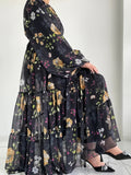 Women'S Middle Eastern Muslim Chiffon Printed Long Dress - Black
