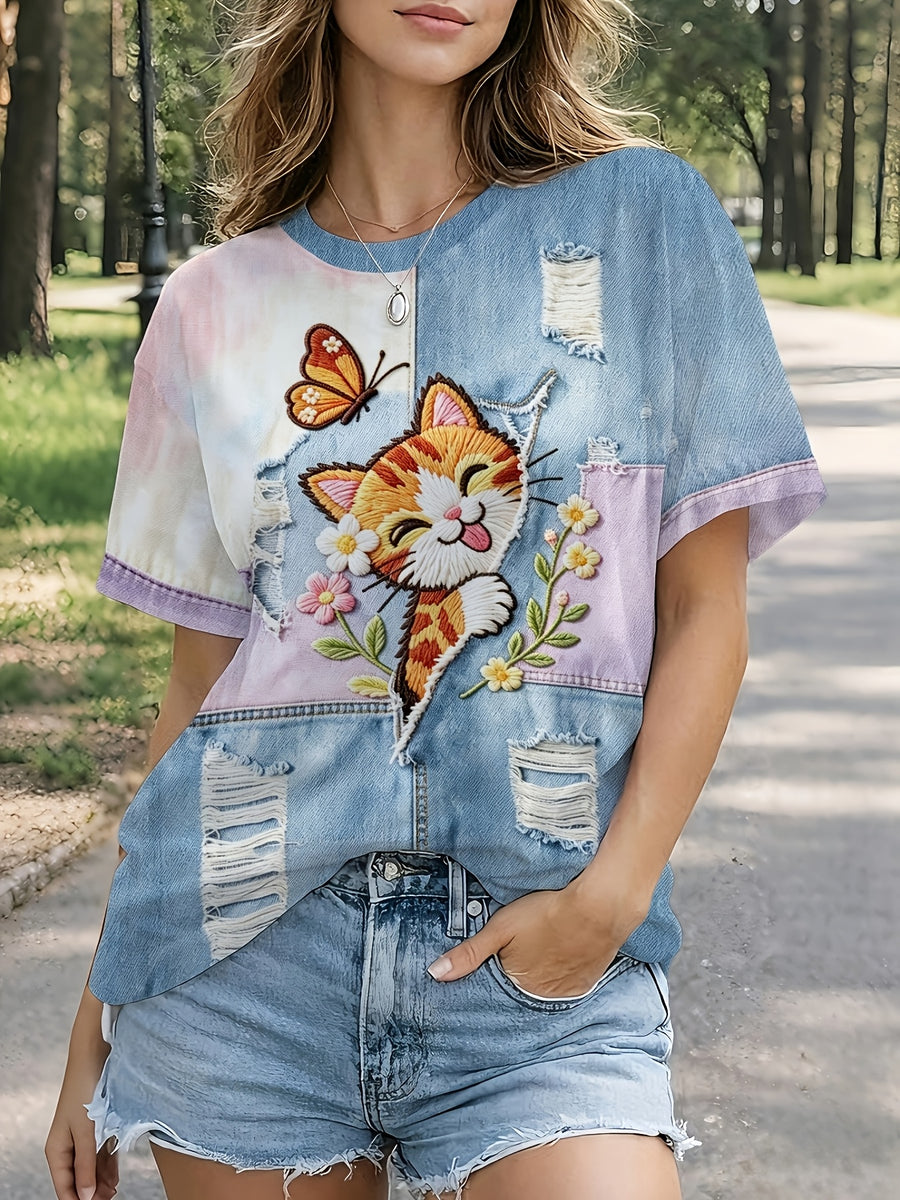 [Printed Pants - Not Denim Fabric] 2026 Summer/Autumn New Standard Size Women's Imitation Denim Faux Embroidery Cat Print Short Sleeve T-Shirt, Soft and Cute Casual Style, Suitable for Home, Leisure, and Commuting in Multiple Scenarios - Multicolor