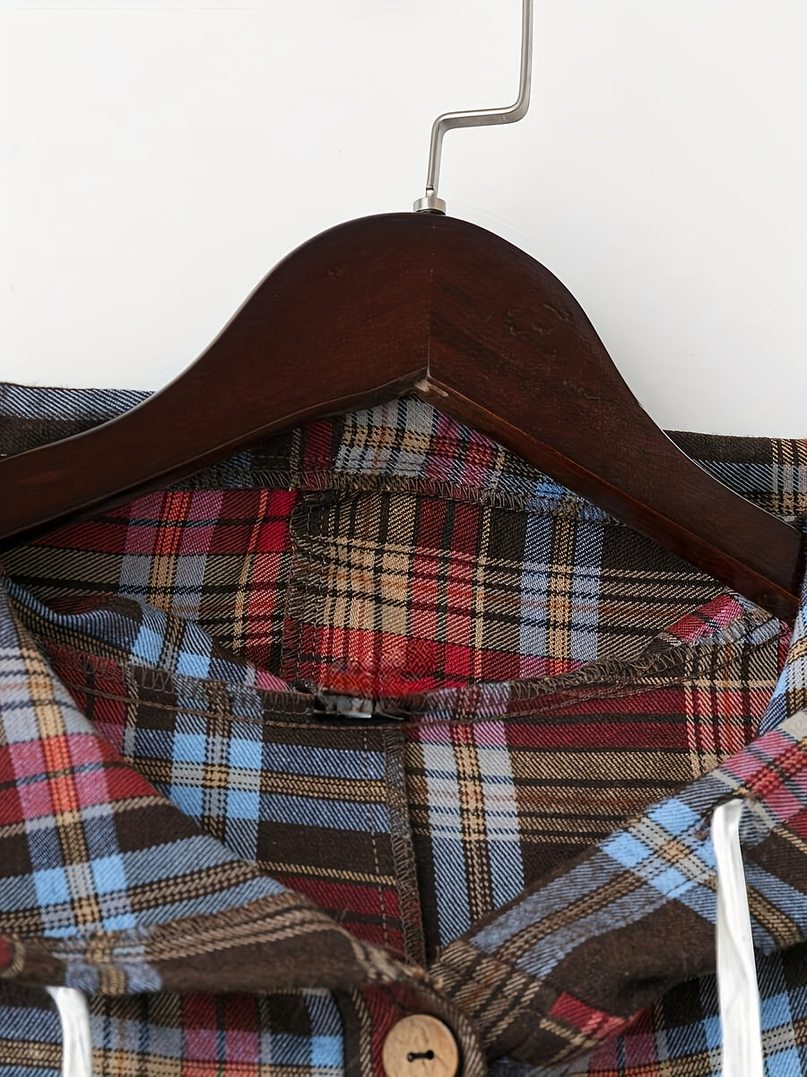 Plus Size - Plus Size - Women'S Plus Size Plaid Fleece Fabric Casual Elegant Hooded Shirt, with Pockets, Mid-Length, Spring Autumn New Year Outfit - Red Box