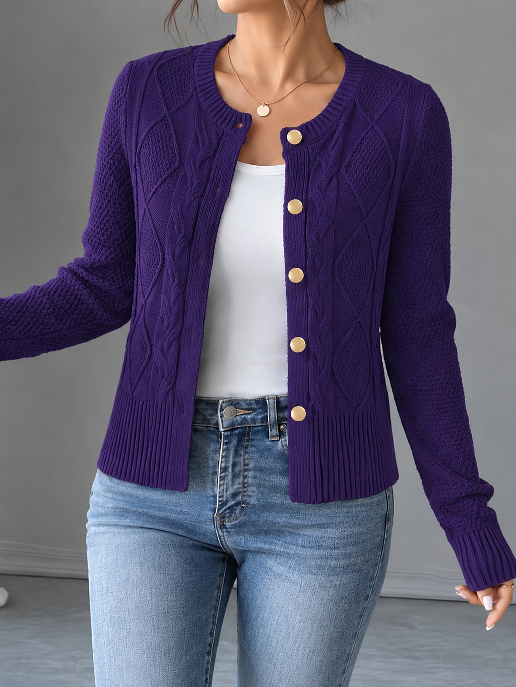 New Fashion Women'S Clothing, Spring Autumn Early Winter Short Jacket, Button-Up Cardigan - Purple