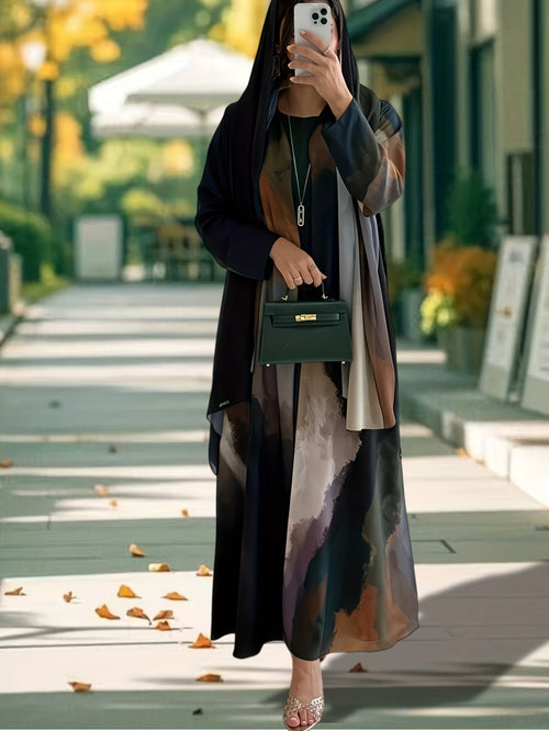 (2PS) ZD0917501 Middle Eastern Long Loose Elegant Casual Outerwear for Outings, Beach, and Vacations, Tie-Dye Style Dress, Women's Robe + Headscarf - Black