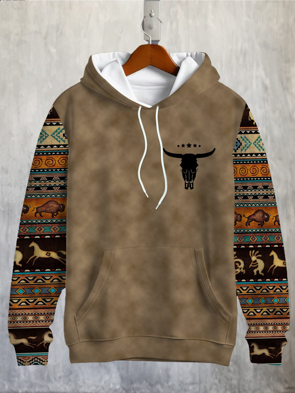 Men's Ethnic Totem Printed Hoodie Fashion Bull Head Pattern Patchwork Design Casual Sports Pullover Animal Patterns Loose Versatile Top||, - Mixed colors