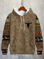 Men's Ethnic Totem Printed Hoodie Fashion Bull Head Pattern Patchwork Design Casual Sports Pullover Animal Patterns Loose Versatile Top||, - Mixed colors