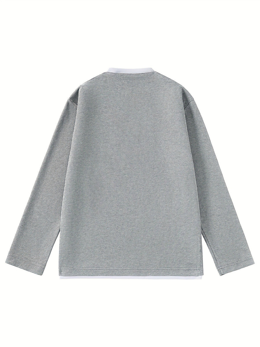 2026 Fashion Brand Print Creative Letter Pattern Mother's Day Waffle 2-in-1 Look Long Sleeve T-Shirt Men's New Casual Loose Outdoor Sports Breathable Oversize Top - Grey