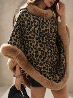 1pc Women's Elegant Leopard Print Sweater Coat with Plush Faux Collar, Sleeveless Winter Jacket, Round Neck Thick Warm Pullover for Fall/Winter, Luxurious Faux Trim (Hand Wash/Dry Clean) - Christmas/Halloween Gift - Khaki