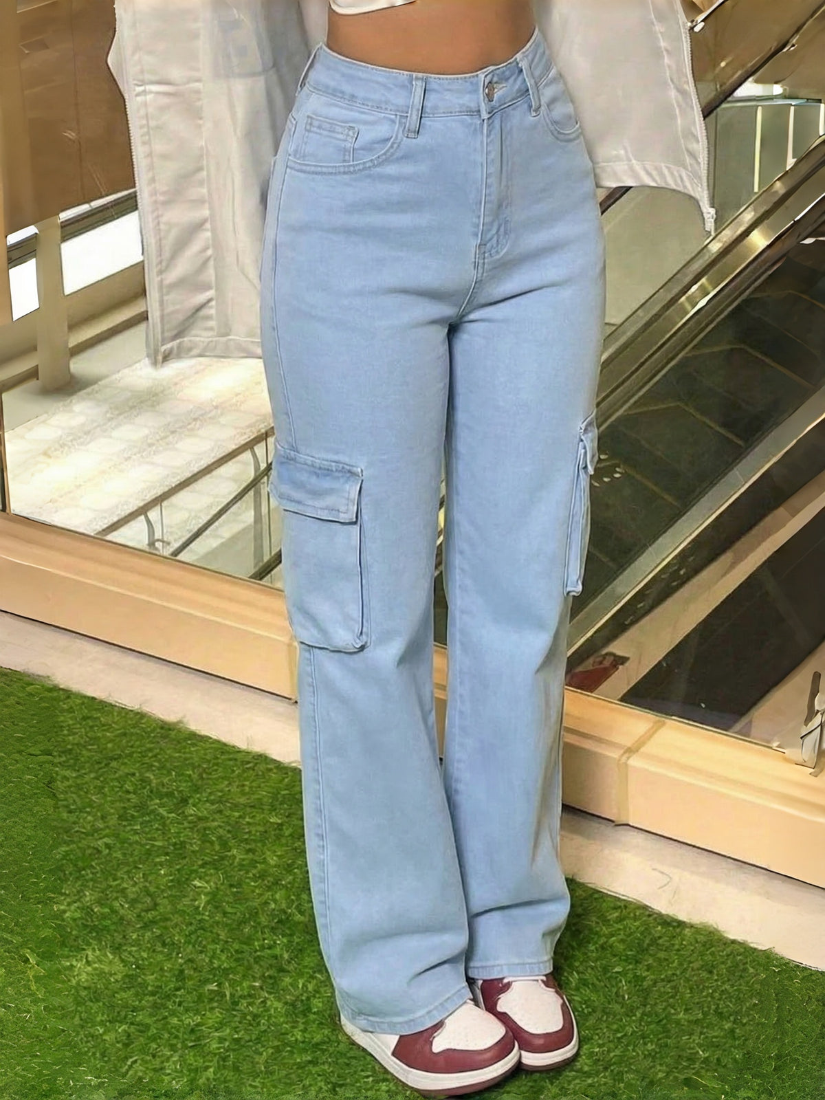 Women's High-Waisted Wide-Leg Cargo Jeans Pants - Light Blue Workwear with Multiple Utility Pockets, Belt Loops & Straight-Leg Fit (No Tapered Ankle) - Spring/Summer Denim Trousers for Casual & Professional Outfits - Light Blue
