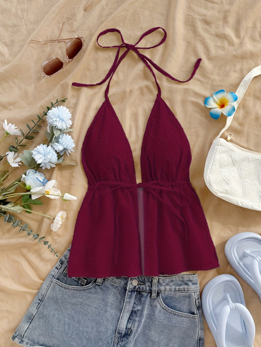 Solid Floral Texture Cute Top - Reddish Purple