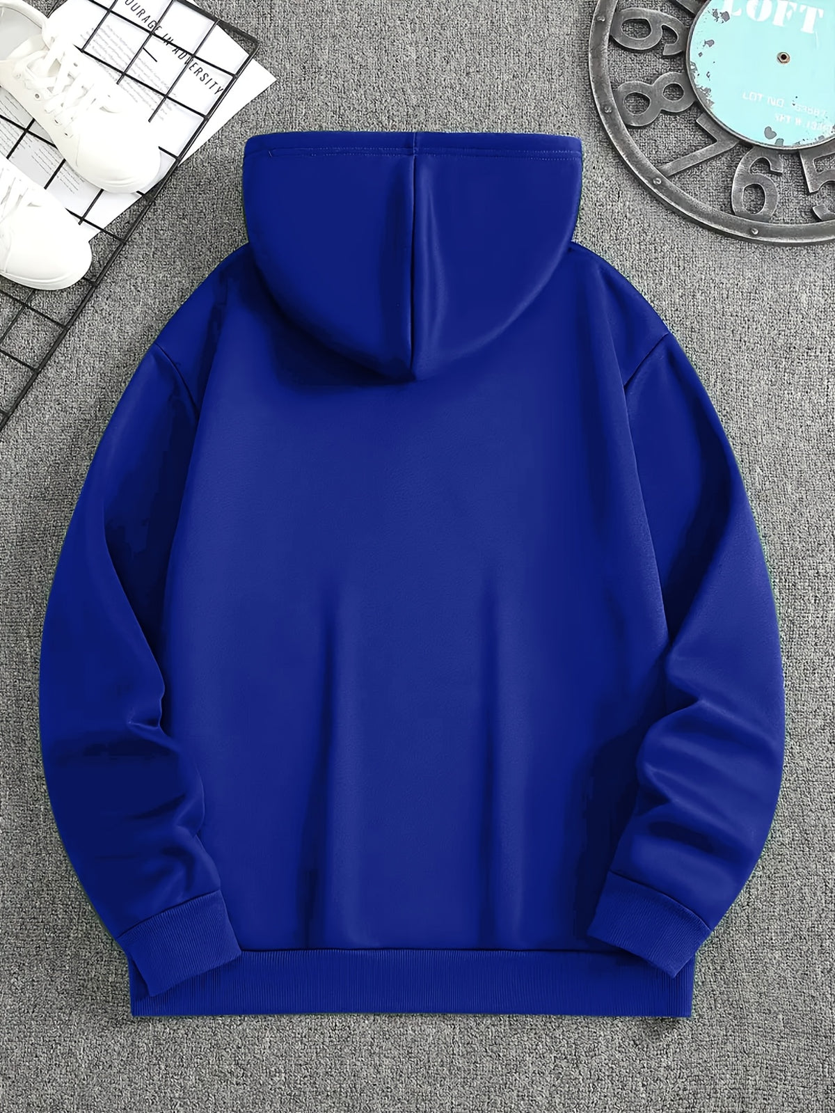 Minimalist Style Boston Letter Print Men'S Hooded Sweatshirt Regular Fit, Casual Long Sleeve Pullover - Blue