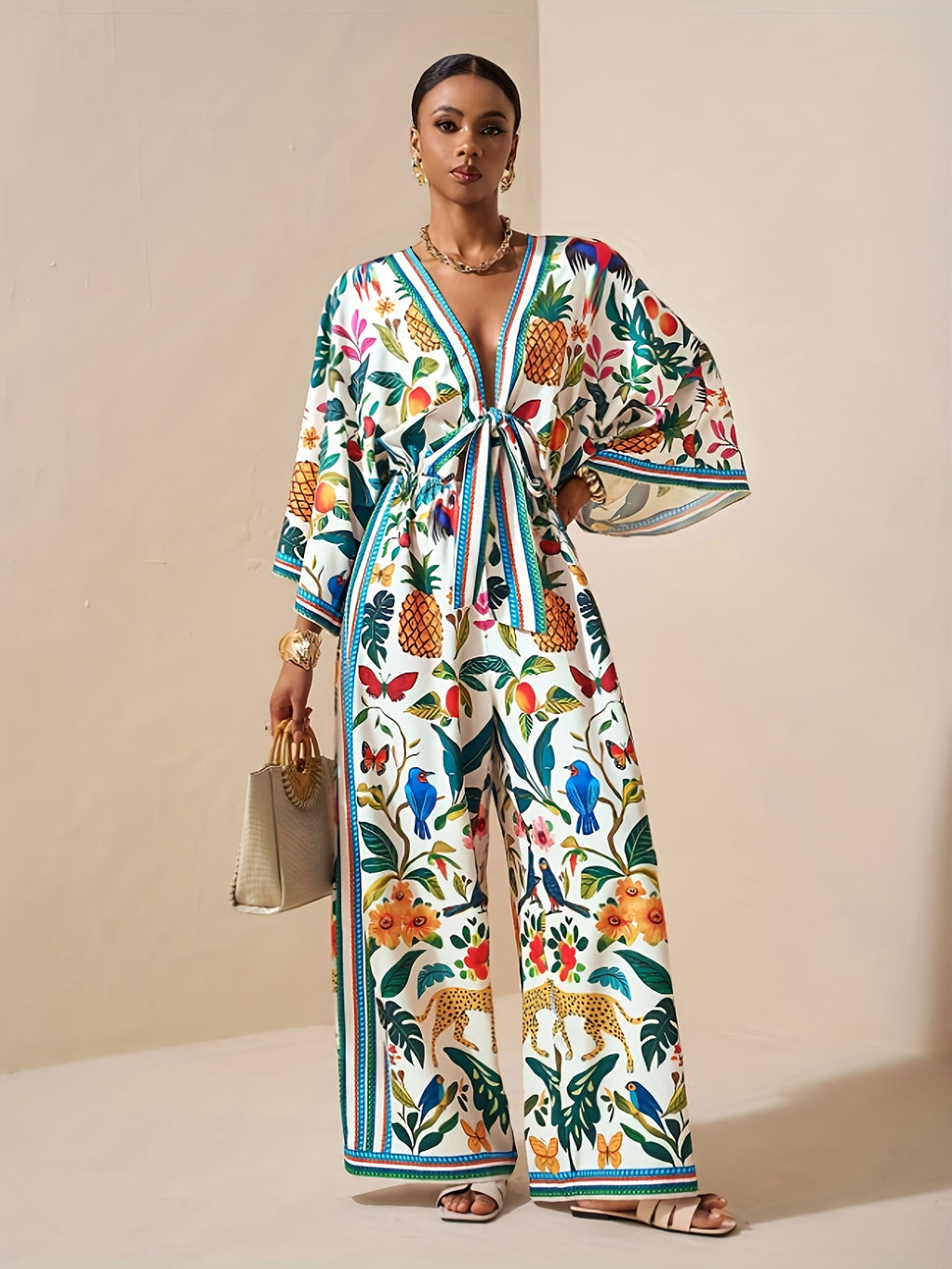 Spring/Summer New Tropical Island Vacation Style Jumpsuit Women'S Deep V Tie Waist Pineapple Flower Bird Leopard Print Loose Wide Leg Casual Wear - Multicolor