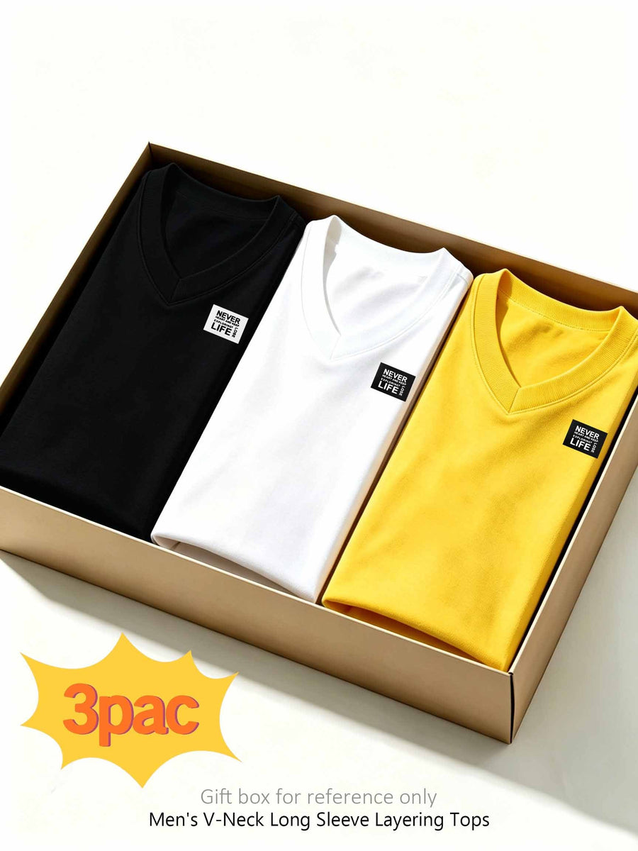 100%, 3pcs Men'S V-Neck Long Sleeve Chokers T-Shirts, Men'S Knit Sweatshirt, New Casual Athletic Ribbed Collar Top - black+white+yellow