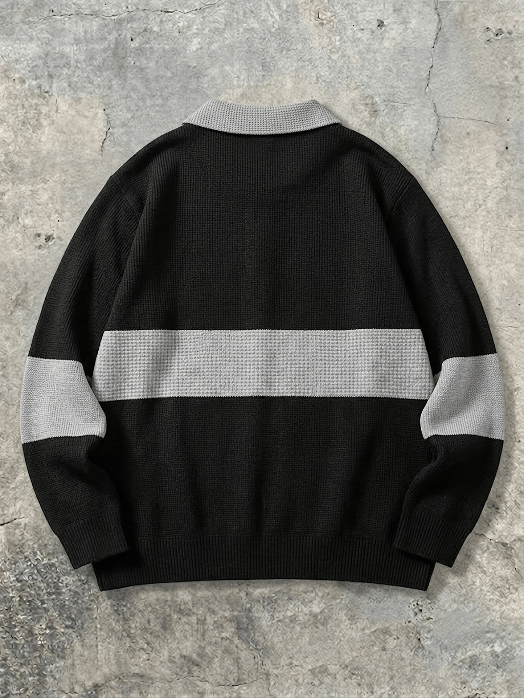 Spring/Autumn Heavy Waffle Black And White Contrast Polo Neck Sweater Men'S Lapel Button Patchwork Long Sleeve Top 3D Cut Loose Drape Slimming Commute Casual Premium Quality Basic Style Men'S Clothing - Black Gray