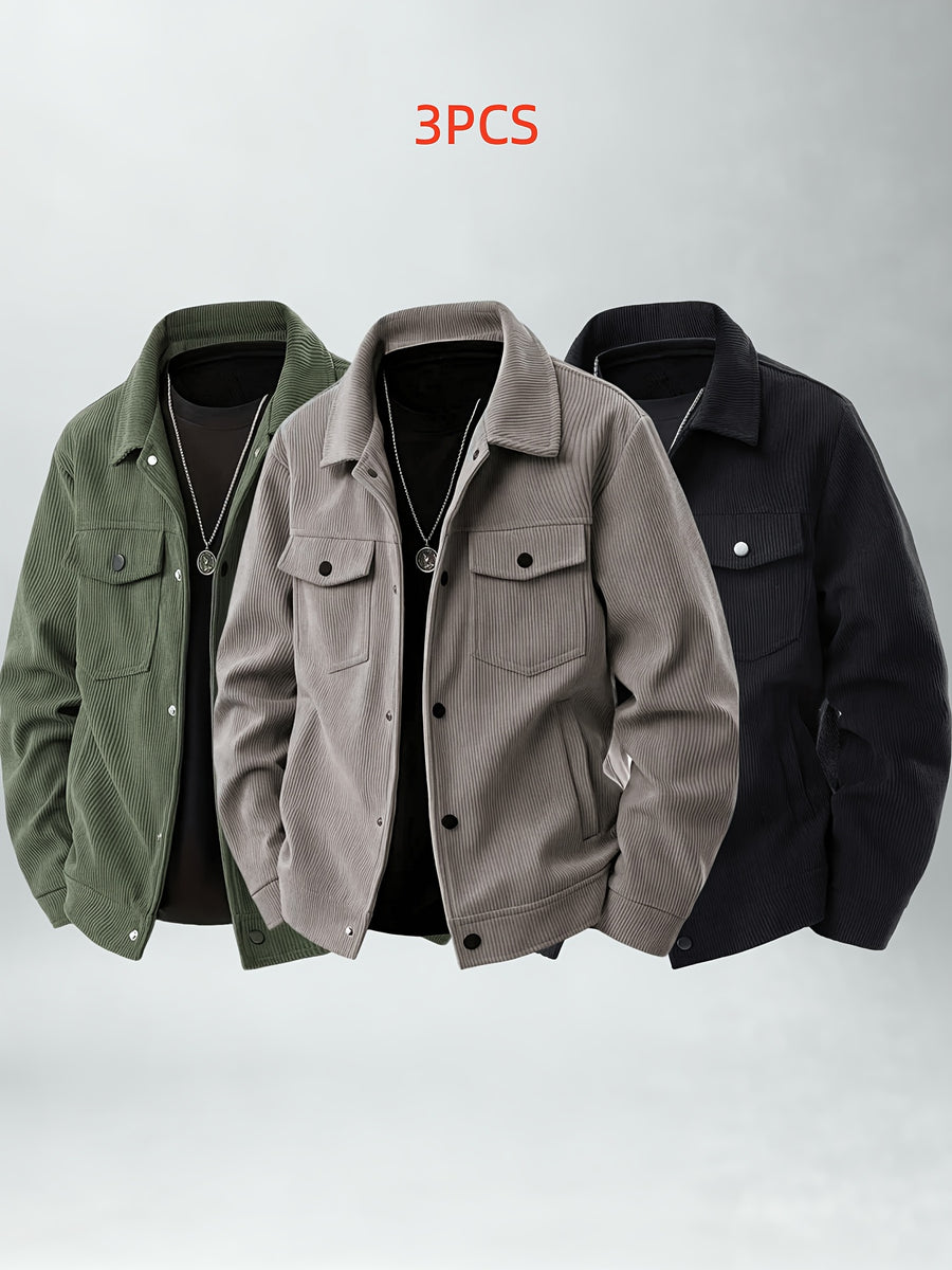 Casual Corduroy Work Jacket 3pcs Set Youth Daily Outing Lapel Top - Gray+Military Green+Black