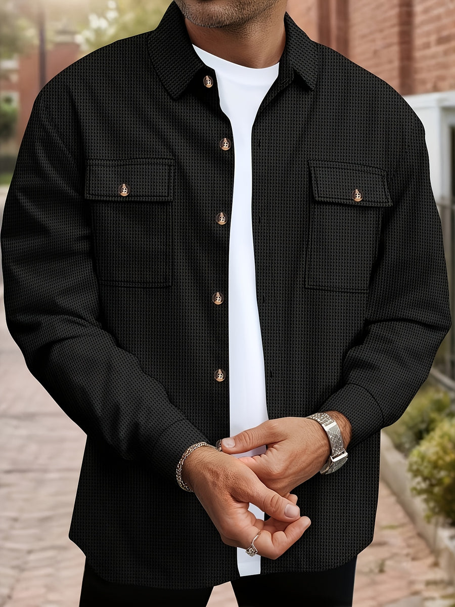 Men'S Waffle Knit Long Sleeve Button-Up Shirt, Casual Lapel Workwear with Chest Pocket, Lightweight And Breathable Daily Top, Autumn Menswear - Black