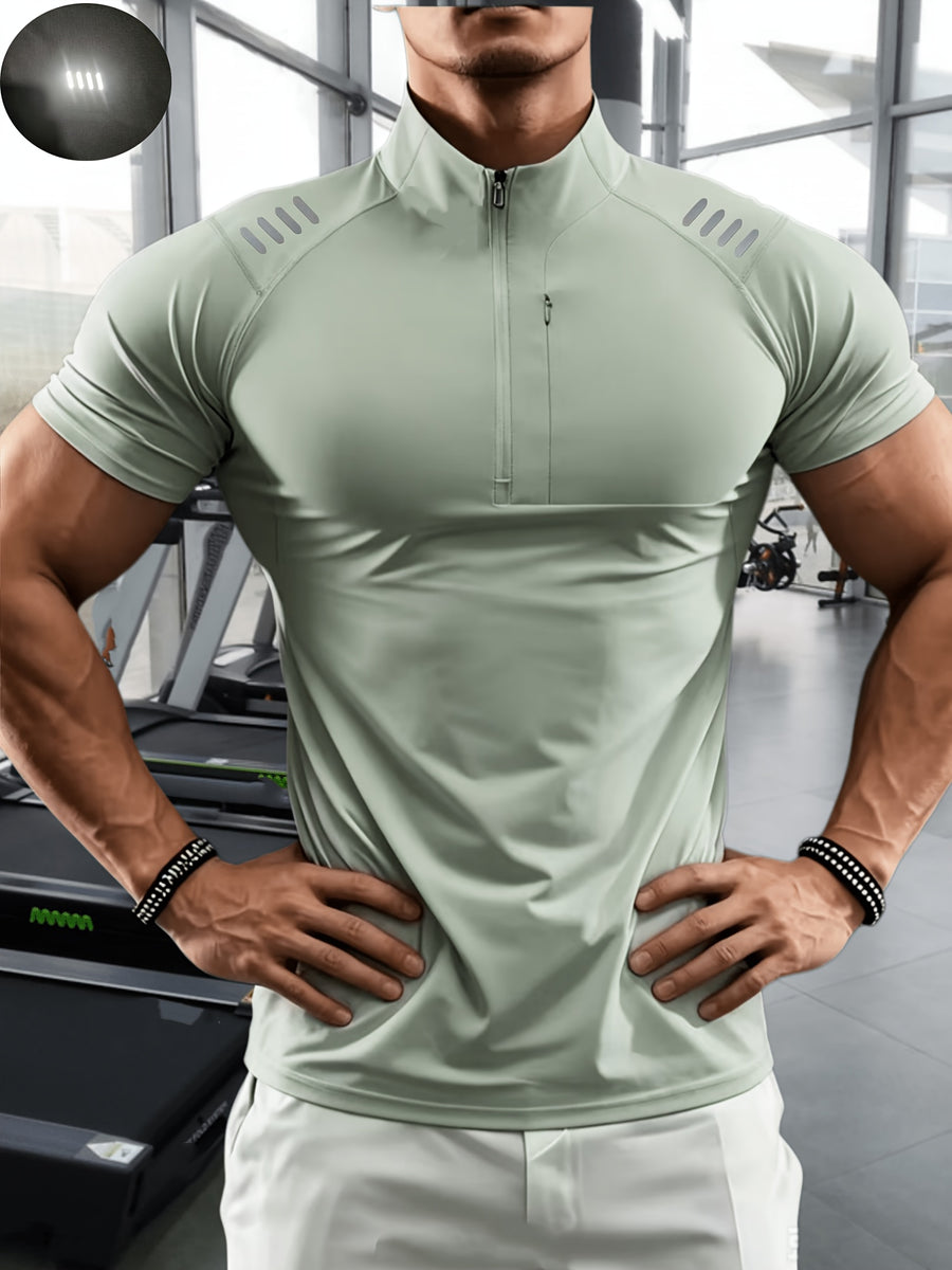 Men'S Muscular Fitness High-Elastic Training Quick-Dry Fitness Wear, Individual Print Patterns, Slim Fit Summer Casual Short Sleeve Shirt T-Shirt - Breathable Elastic Fabric, Stand-Up Collar Design with Open Chest Zipper - Olive Green