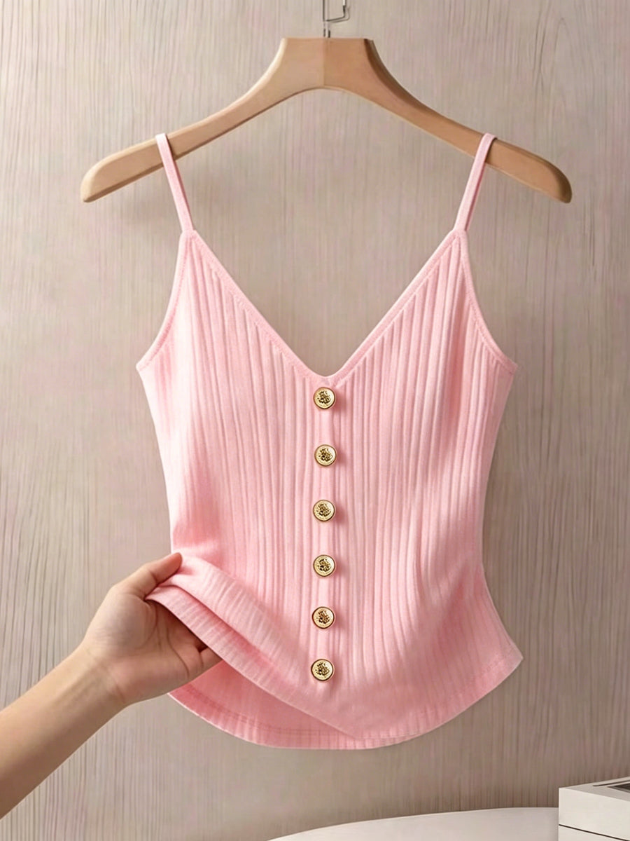 Elegant and Stylish New Summer Adult Solid Color Thin Strap V-Neck Button Decoration Waist-Cinching Slim-Fit Versatile Casual Women's Camisole ZLLZ - Pink