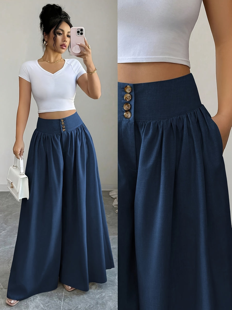 Women's Spring/Summer Waist-Cinching Long Wide-Leg Pants with Pockets, Size 25 - Navy Color