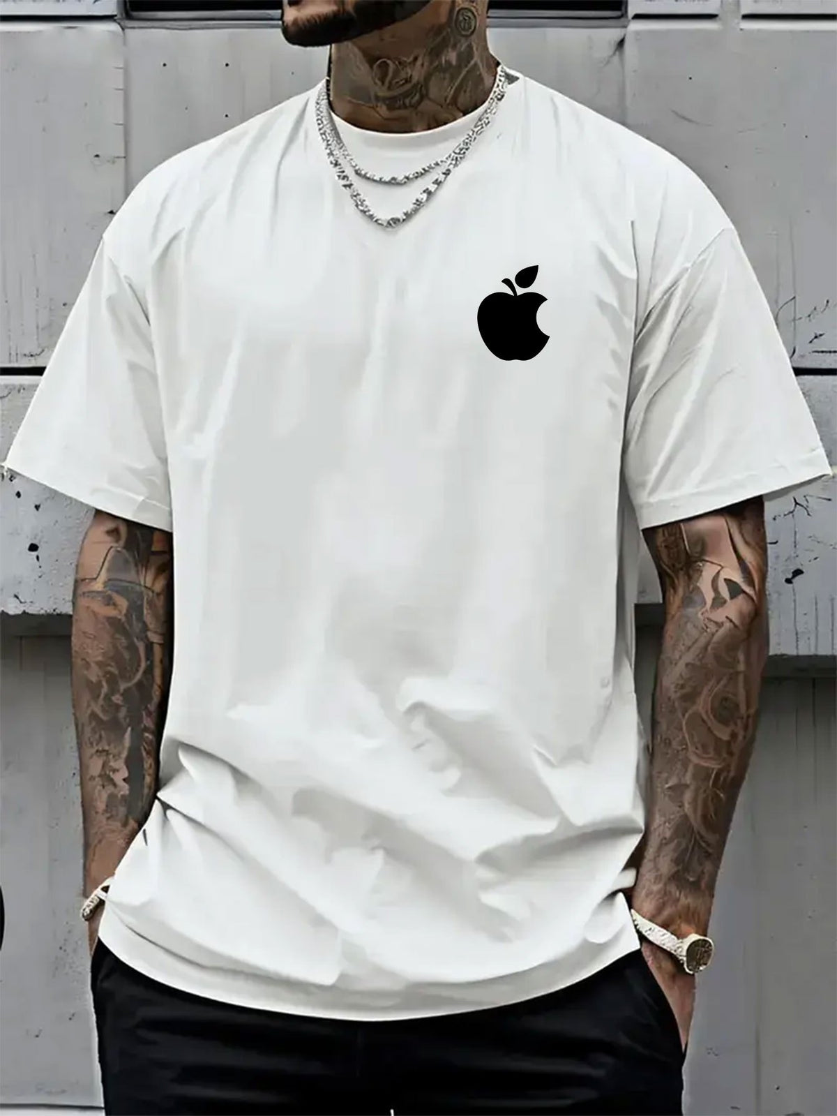 Men's T-Shirt Summer Short Sleeve Lightweight Top Black Big Apple Print Oversized Men's T-Shirt Streetwear Niche High Street Style  Casual Top! Round-neck Short Sleeve Top, Relaxed Loose Knit T-shirt, Suitable for Daily Wear, Casual Sport - White