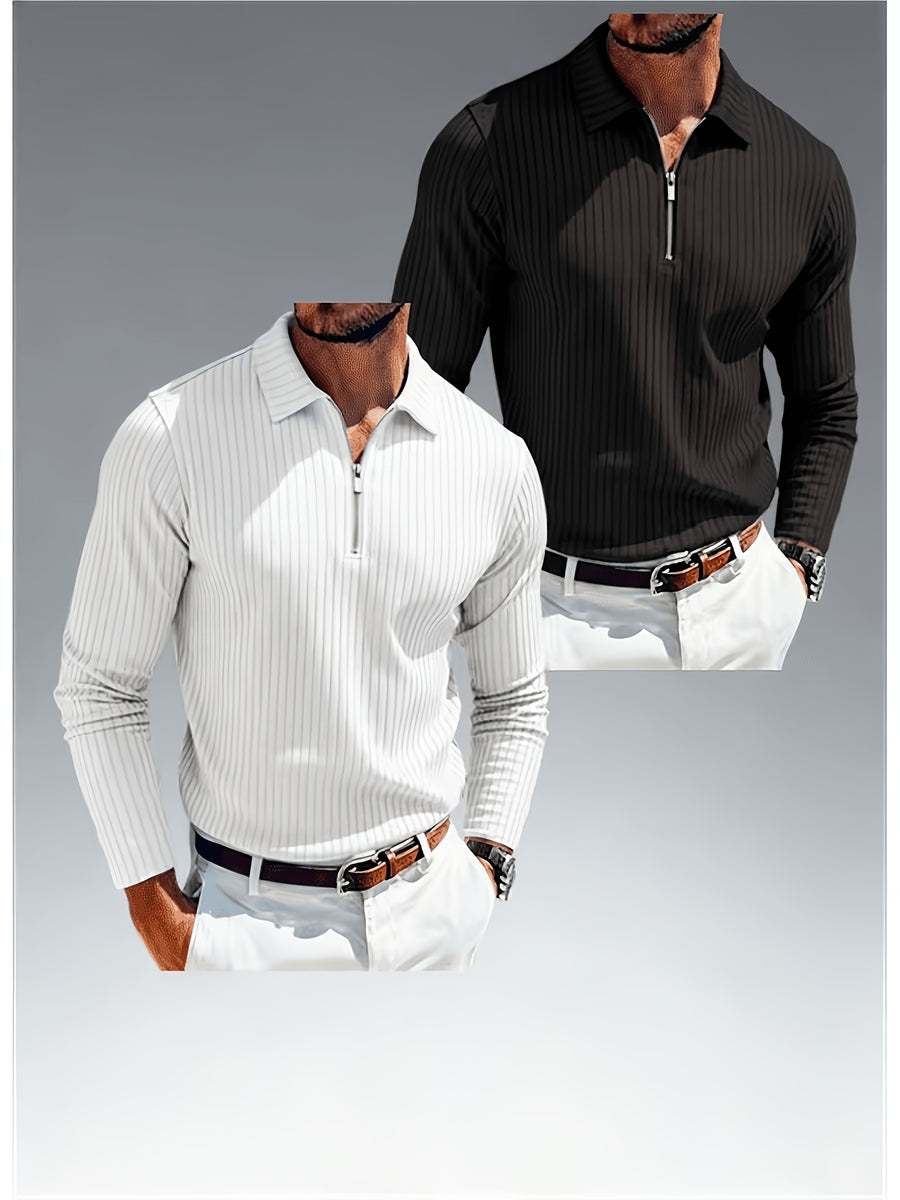 Spring/Autumn Men's Polo Shirt with Zipper and Striped Pattern, Long Sleeve, 2pcs - Light White+Black Color
