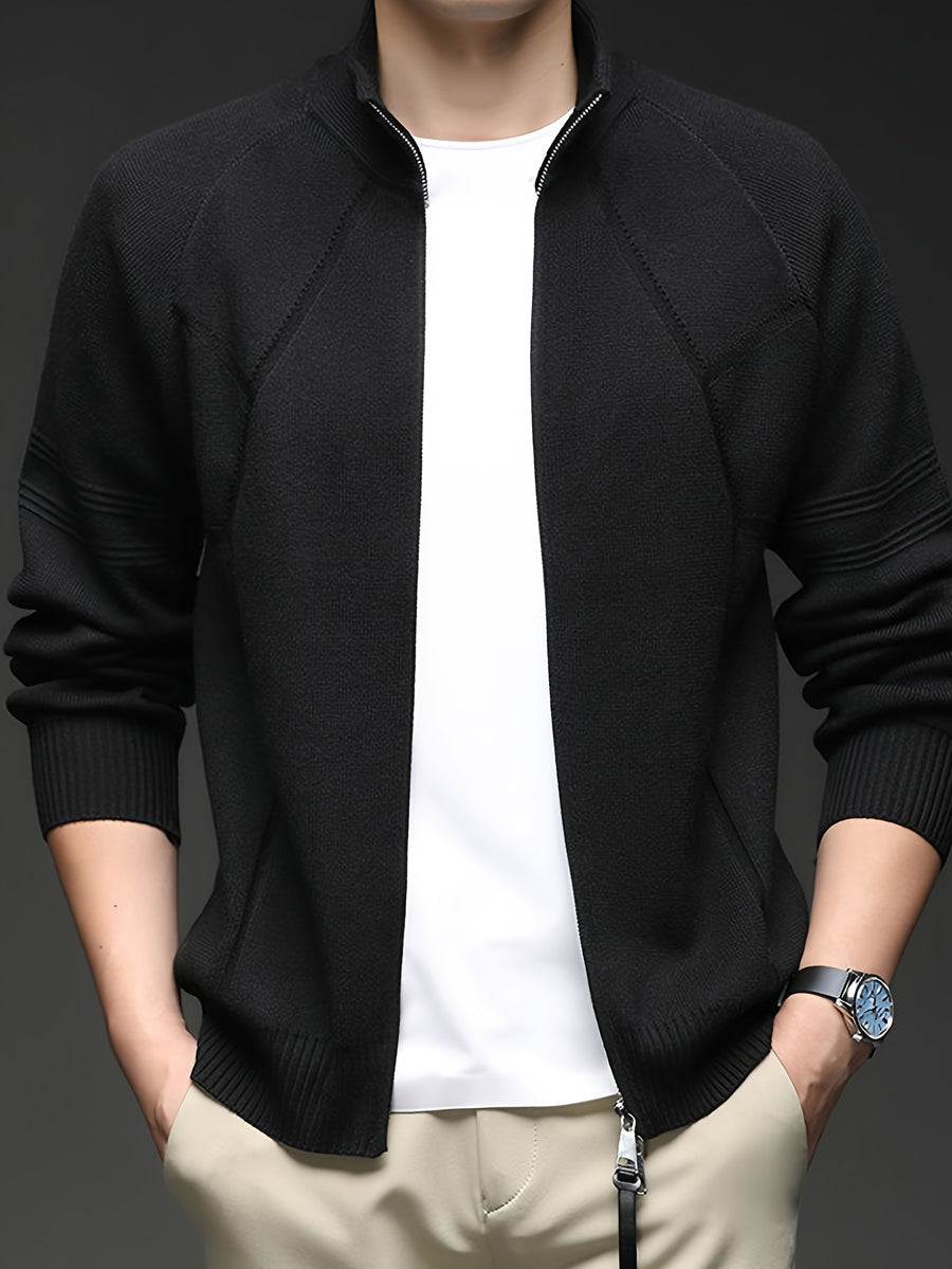 Men's Stand Collar Full-Zip Knit Cardigan, Long Sleeve Outerwear, Ribbed Neckline, Cuffs, and Hem, Two-Way Zipper - SINBOS - Black