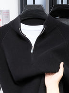 Du Jing Lan OBM Spring/Autumn New Arrival Men's Knitted Pullover, Old Money Style Solid Color Half-Open Placket Stand Collar Long Sleeve Knitted Pullover, Men's Business Casual Fashion Ribbed Sweater, Suitable for Layering or Wearing as an Inner - Black