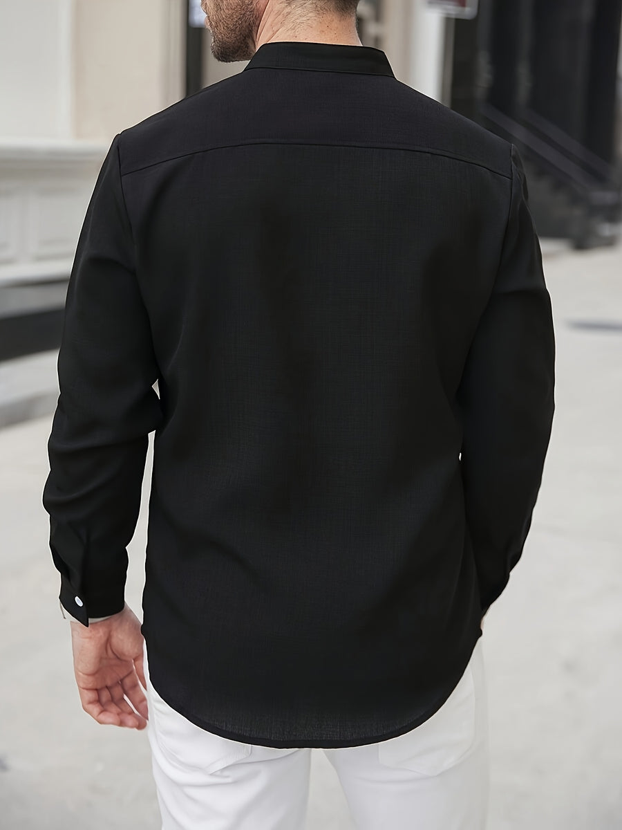 Cross-Border Men'S Casual Mandarin Collar Long Sleeve Shirt - Black