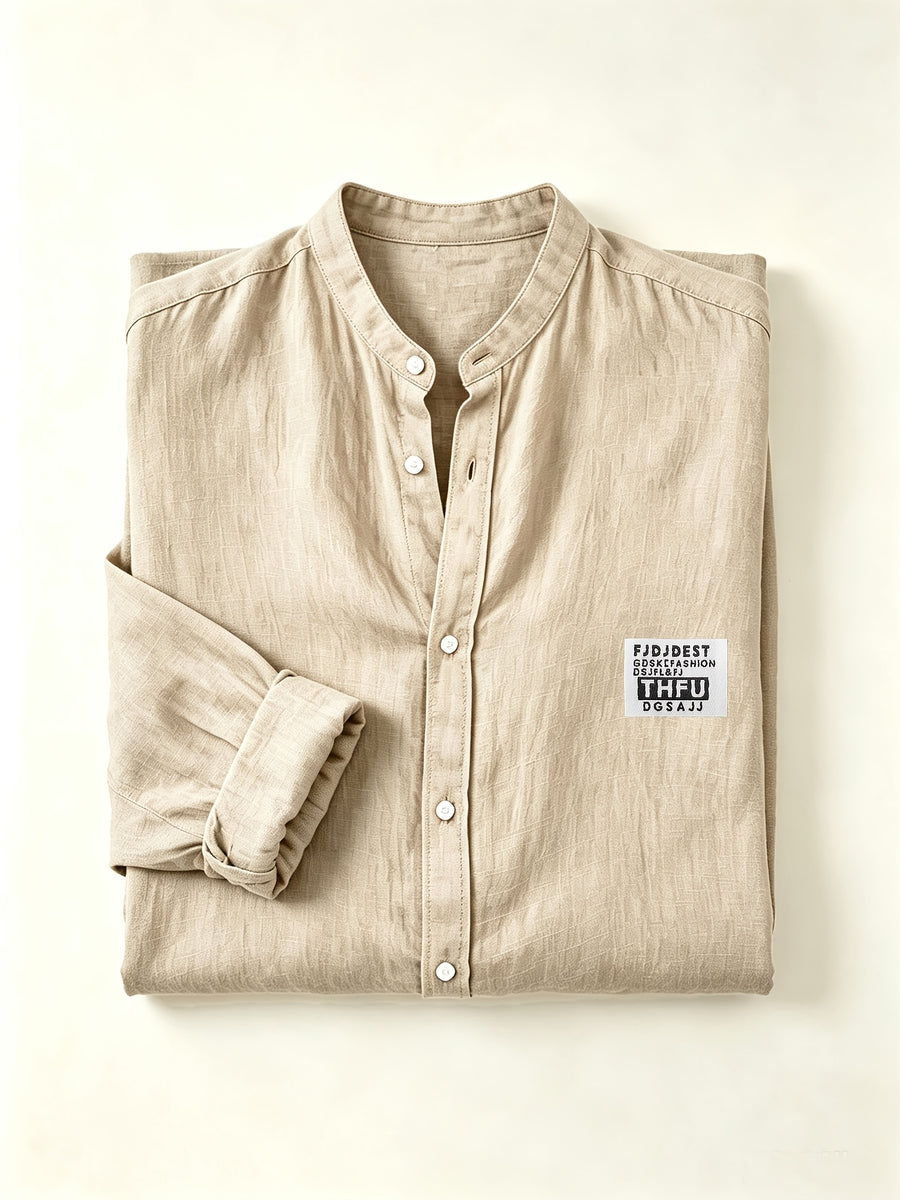 Men's Linen Long-sleeve Shirt, Small Stand-up Collar Button- Casual Shirt, Solid Color Simple and Versatile Style, Suitable for Spring and Autumn Outdoor Activities, Travel and Vacation, and Daily Commuting Wear - Apricot