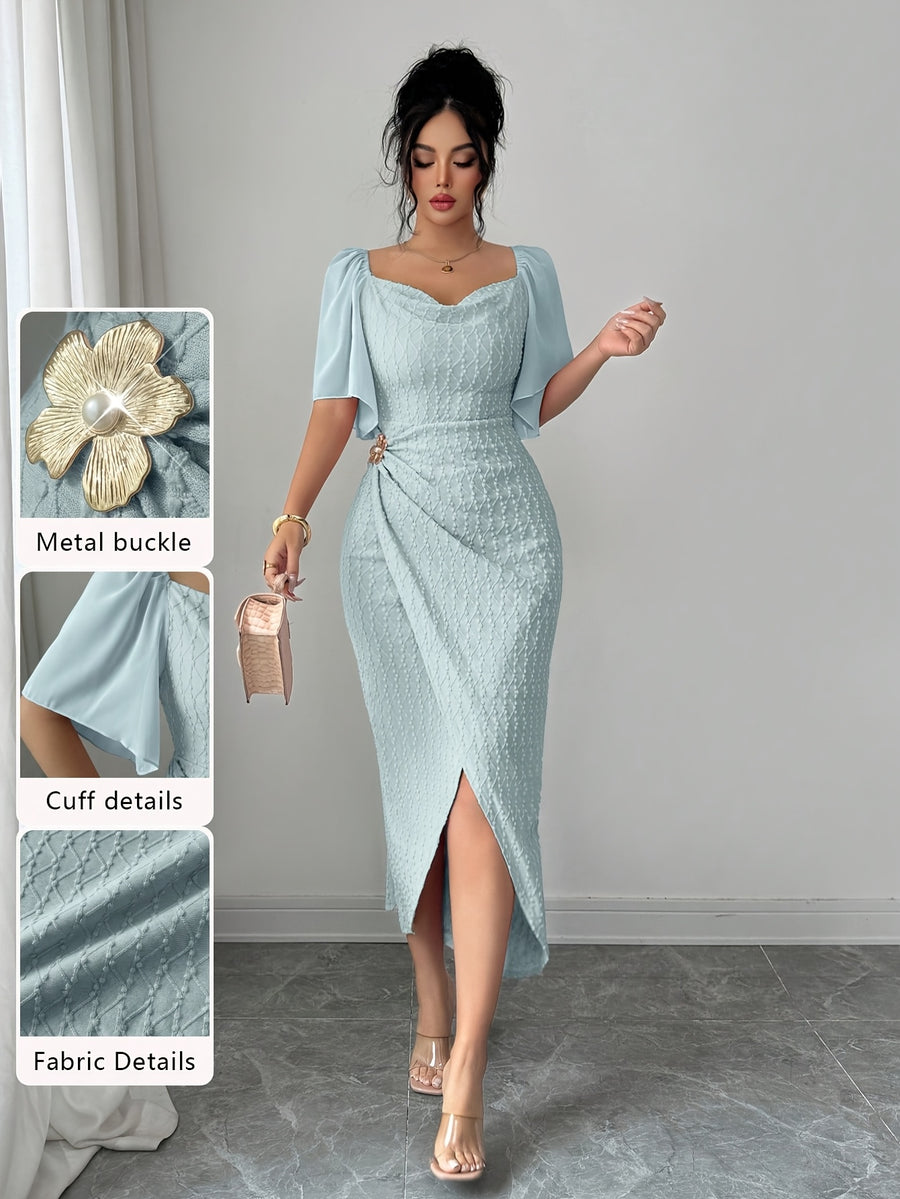 Elegant French-Style Gentle Fit Bodycon Dress with Metal Buckle Accent Pleats, Figure-Flattering Temperament Long Dress for Daily Commute, Dates, and Dinner Parties, Women's Clothing - Light Blue