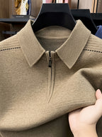 Men's Thickened Lapel Half-Zip Pullover Long-Sleeve Sweater with Ribbed Cuffs and Hem, Autumn/Winter Style, Suitable for Layering or Wearing Alone, Business Casual Style - Camel