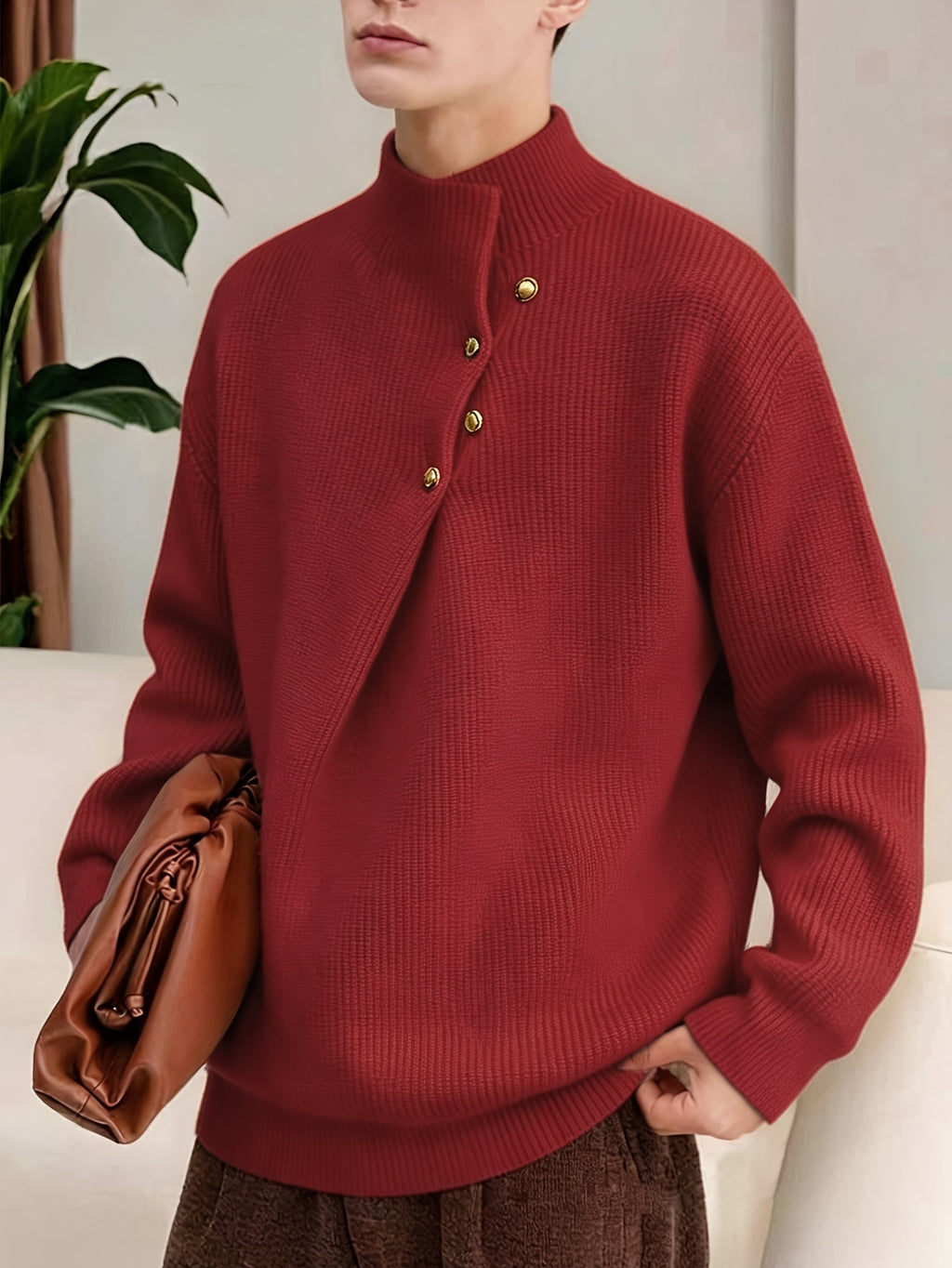 Men's Half-Turtleneck Sweater, Vintage Loose Drop-Shoulder Fit, Old Money Style Simple Casual Design, Autumn/Winter Warm Cable Knit Fabric, Skin-Friendly and Soft, Diagonal Placket with Button Row, Versatile Men's Knit Top, Men's Long-Sleeve Pullover - Red