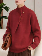 Men's Half-Turtleneck Sweater, Vintage Loose Drop-Shoulder Fit, Old Money Style Simple Casual Design, Autumn/Winter Warm Cable Knit Fabric, Skin-Friendly and Soft, Diagonal Placket with Button Row, Versatile Men's Knit Top, Men's Long-Sleeve Pullover - Red