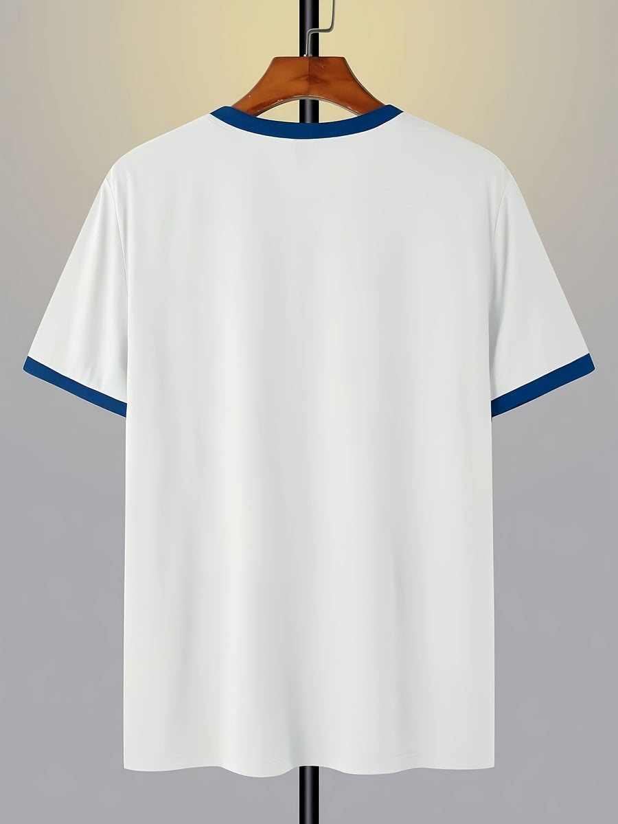 100%, Men'S Knitted Color-Block Round Neck Short-Sleeve T-Shirt, Summer Global All-Season Base Layer Factory Made Men'S Comfortable High-Fit Rate Casual Sports Contrast Patchwork Top - White Fight Blue