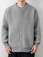 [Wading Whale OBM] 1pc Autumn Winter New Men'S Knit Cardigan, Old Money Style Textured Contrast Round Neck Single Button Front Long Sleeve Sweater Vest Top, Men'S Casual Fashion, Suitable for Spring, Autumn, Winter Wear, Fits Daily Commute - Grey