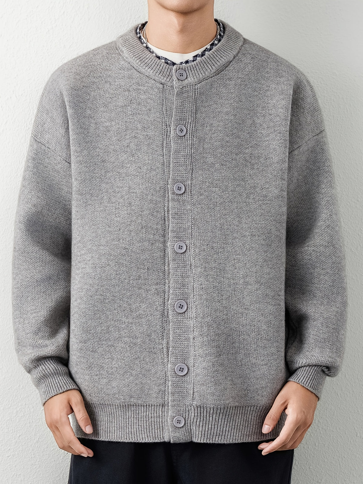 [Wading Whale OBM] 1pc Autumn Winter New Men'S Knit Cardigan, Old Money Style Textured Contrast Round Neck Single Button Front Long Sleeve Sweater Vest Top, Men'S Casual Fashion, Suitable for Spring, Autumn, Winter Wear, Fits Daily Commute - Grey