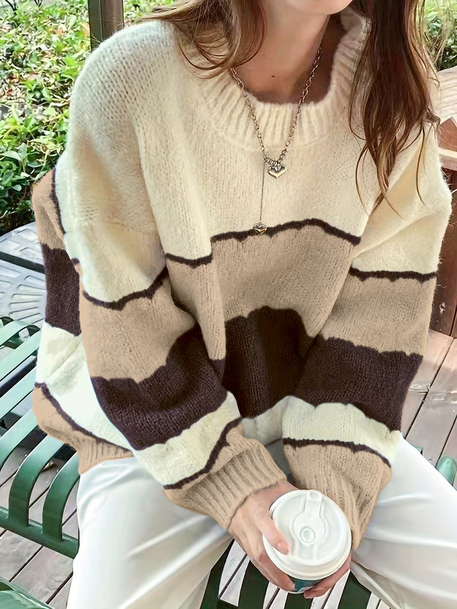Autumn Winter New Multicolor Striped Sweater - Cream & brown