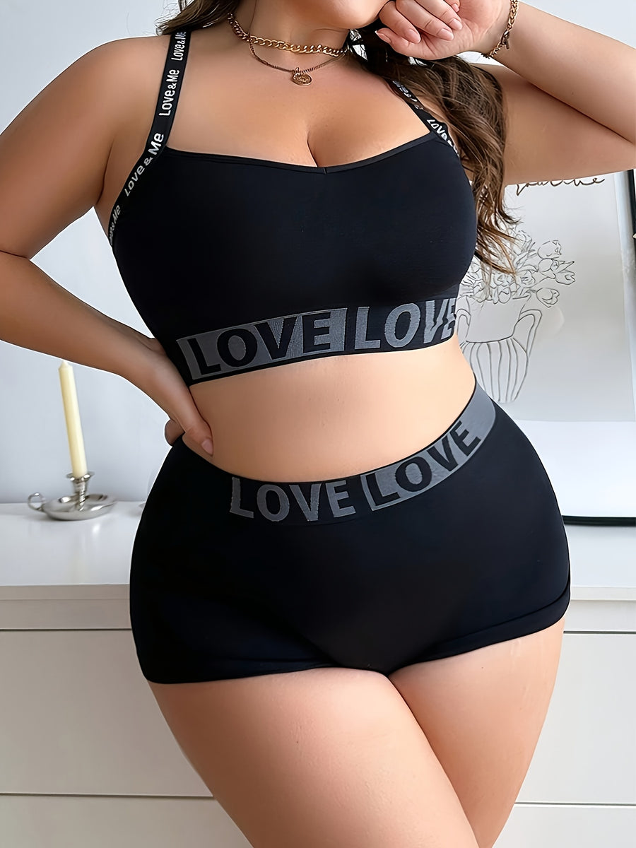 1 Set Plus Size Smooth Women'S English LOVE Panty And Bra Set Seamless Casual Mid-Waist Tummy Control Safety Shorts Four-Corner Pants Underwear Sexy Solid Soft Comfortable Butt Lifting Anti-Exposure Suitable for Daily Casual Leggings Breathable - Black