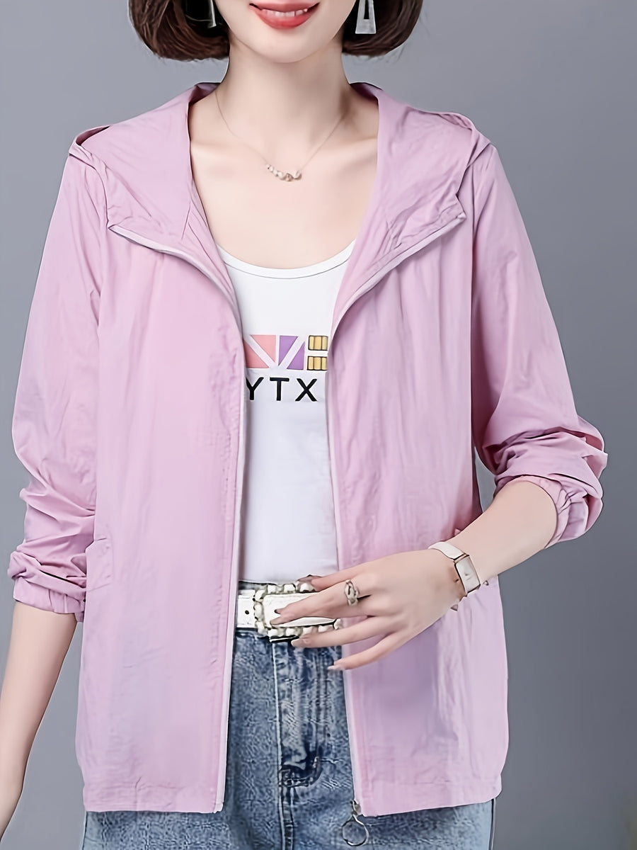 Women's Solid Color Lightweight Windproof Hooded Jacket, Summer Breathable Loose Zip-Up Cardigan for Daily Outings,, Breathable Casual Thin Outerwear Jacket, Lightweight, Portable, and Packable - Violet
