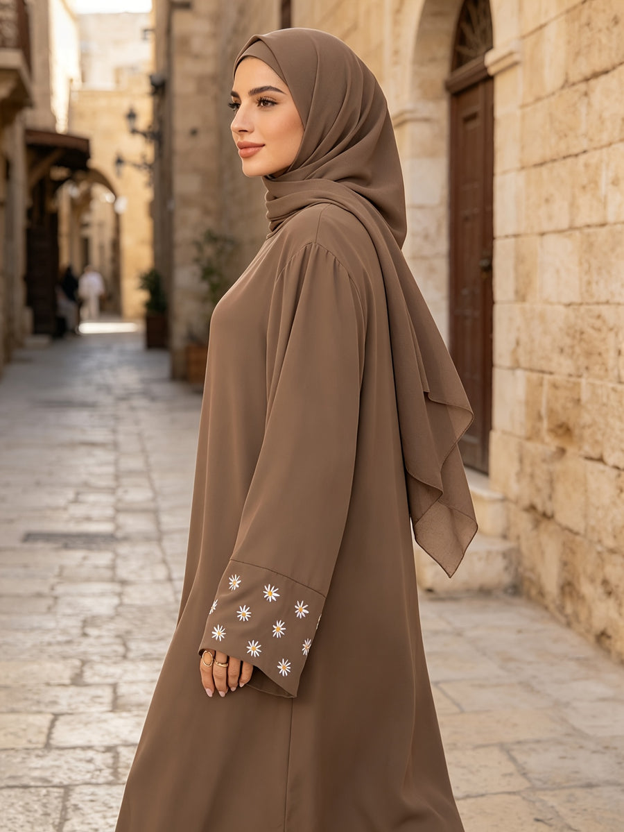 1pc (Scarf Not Included) This Fashionable, Elegant And Casual Abaya Dress with Embroidered Small Chrysanthemums at The Cuffs, No Scarf, Solid Color, Suitable for Daily Wear, Loose And Comfortable for Women. Islamic Clothing for Women Kleider Damen - Khaki