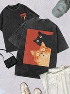 A Round-neck Short-sleeved T-shirt with a  Cartoon Cat Design That Echoes Front and Back. It Features a , Loose Fit with Dropped Shoulders, a Washed and Vintage Finish. Made of Blend Fabric, It Is Slightly Stretchy and Breathable, - Deep Grey